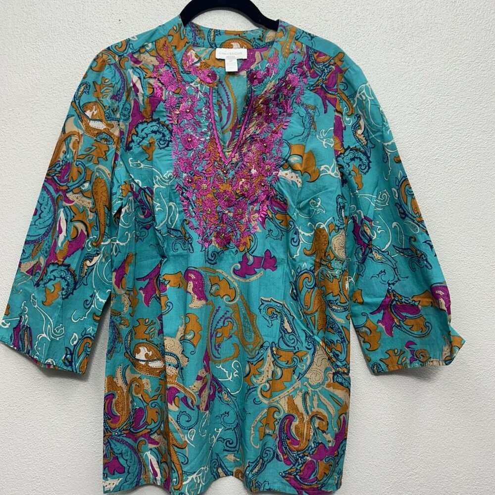 Charter Club Women's Embroidered Tunic Top 10P Petite Floral Cotton Multicolor